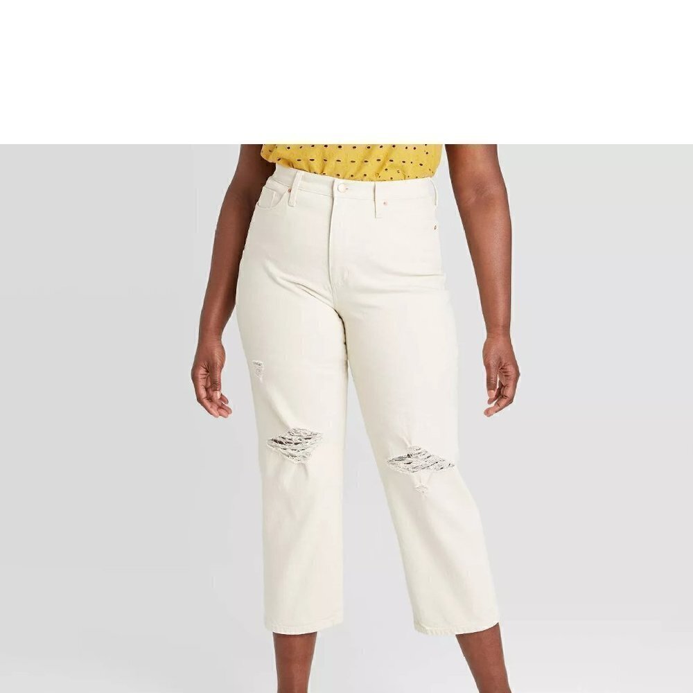 Cream Distressed High Rise Straight Crop Jeans